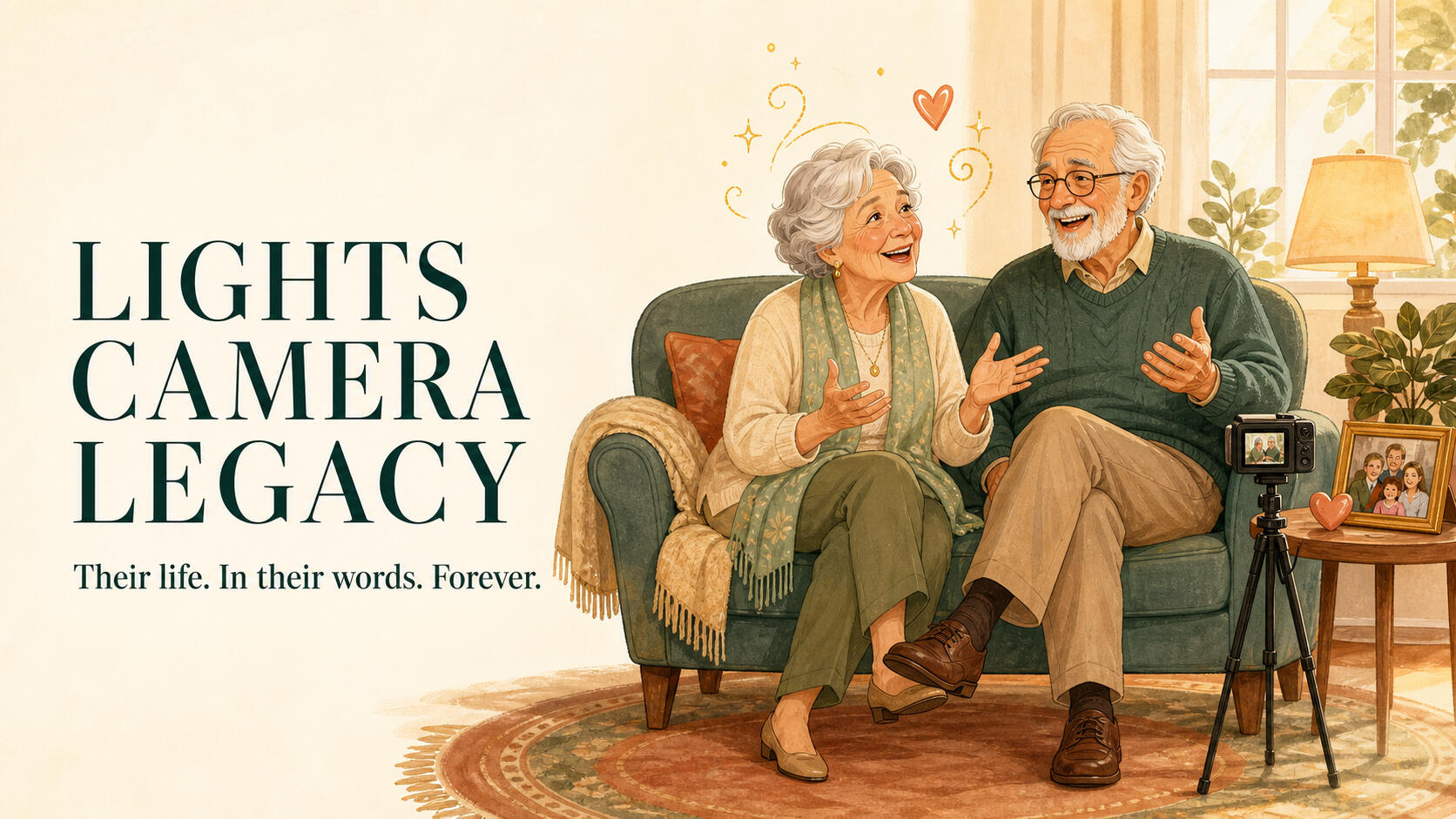 Lights Camera Legacy A warm illustration of a grandmother and grandfather laughing together while their life story is filmed at home