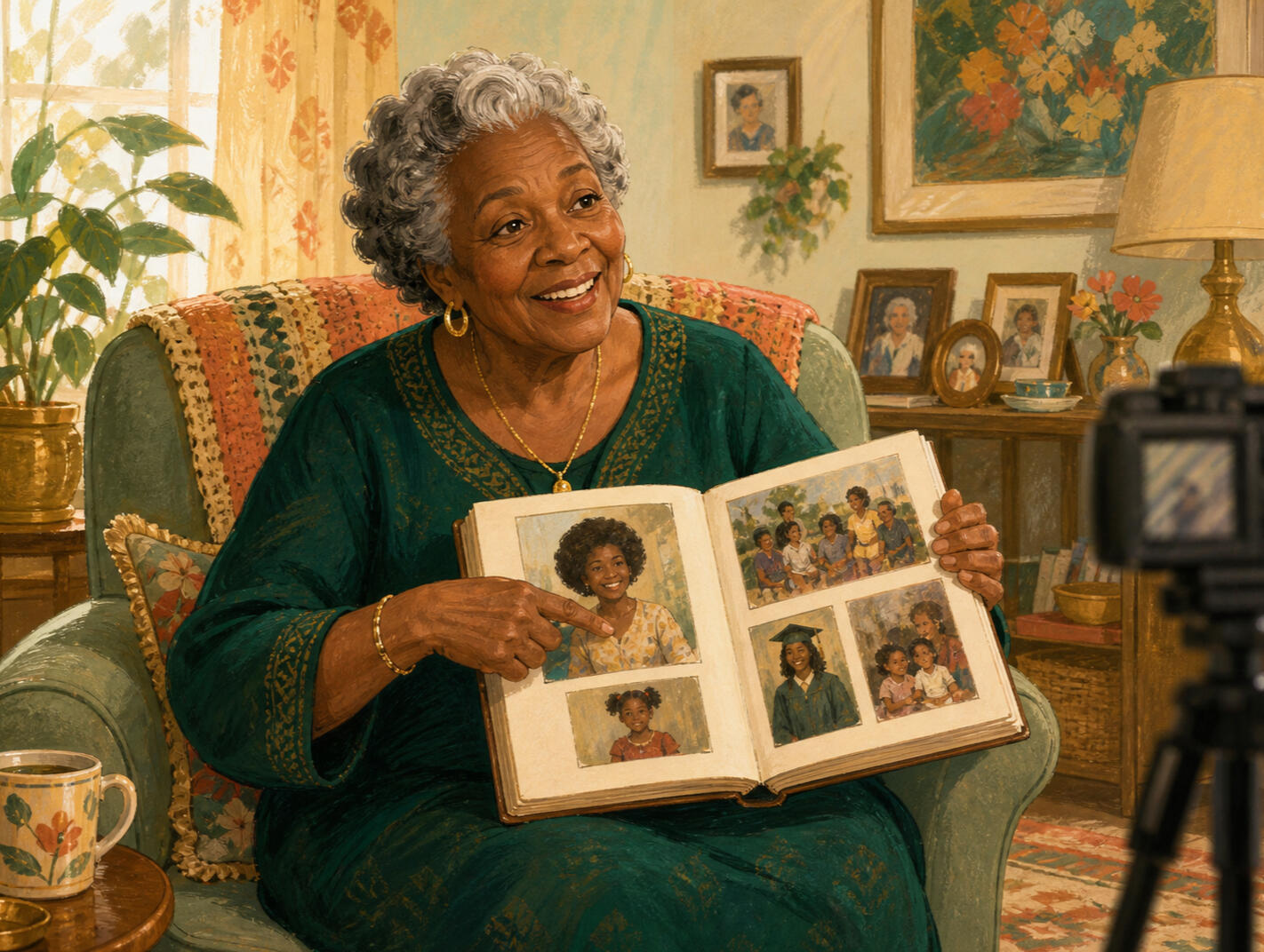 Her life, in her own words An illustrated Black grandmother smiling as she shares a photo album from her younger years during a filmed interview at home