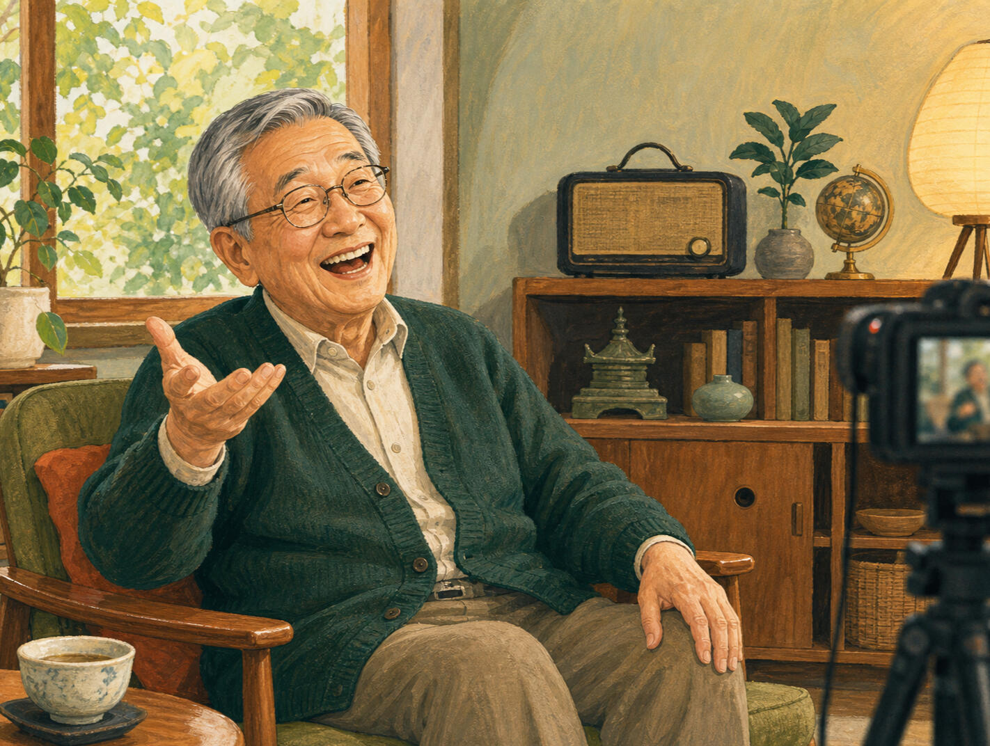 His laugh is part of the story An illustrated East Asian grandfather laughing and gesturing as he tells a favorite story during a filmed interview in his home