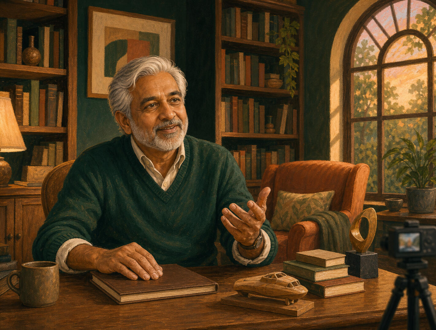 The life behind the achievement An illustrated successful South Asian older businessman reflecting on the company and career he built during a filmed interview in his home office
