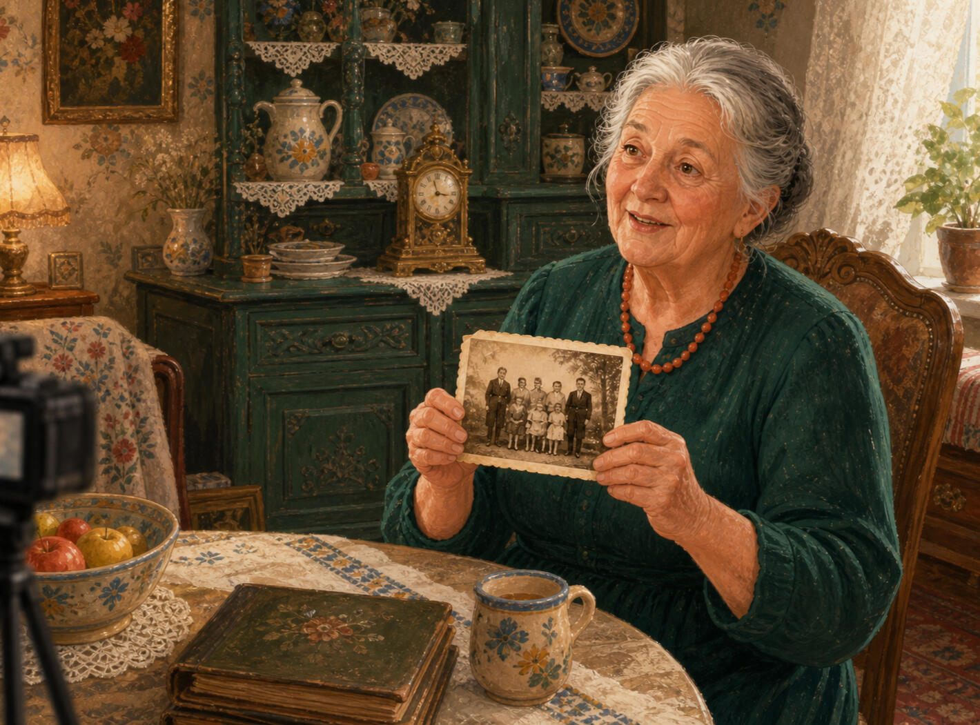 Her heritage, in her voice An illustrated Ukrainian elder sharing an old family photograph during a filmed interview in her richly vintage emerald home