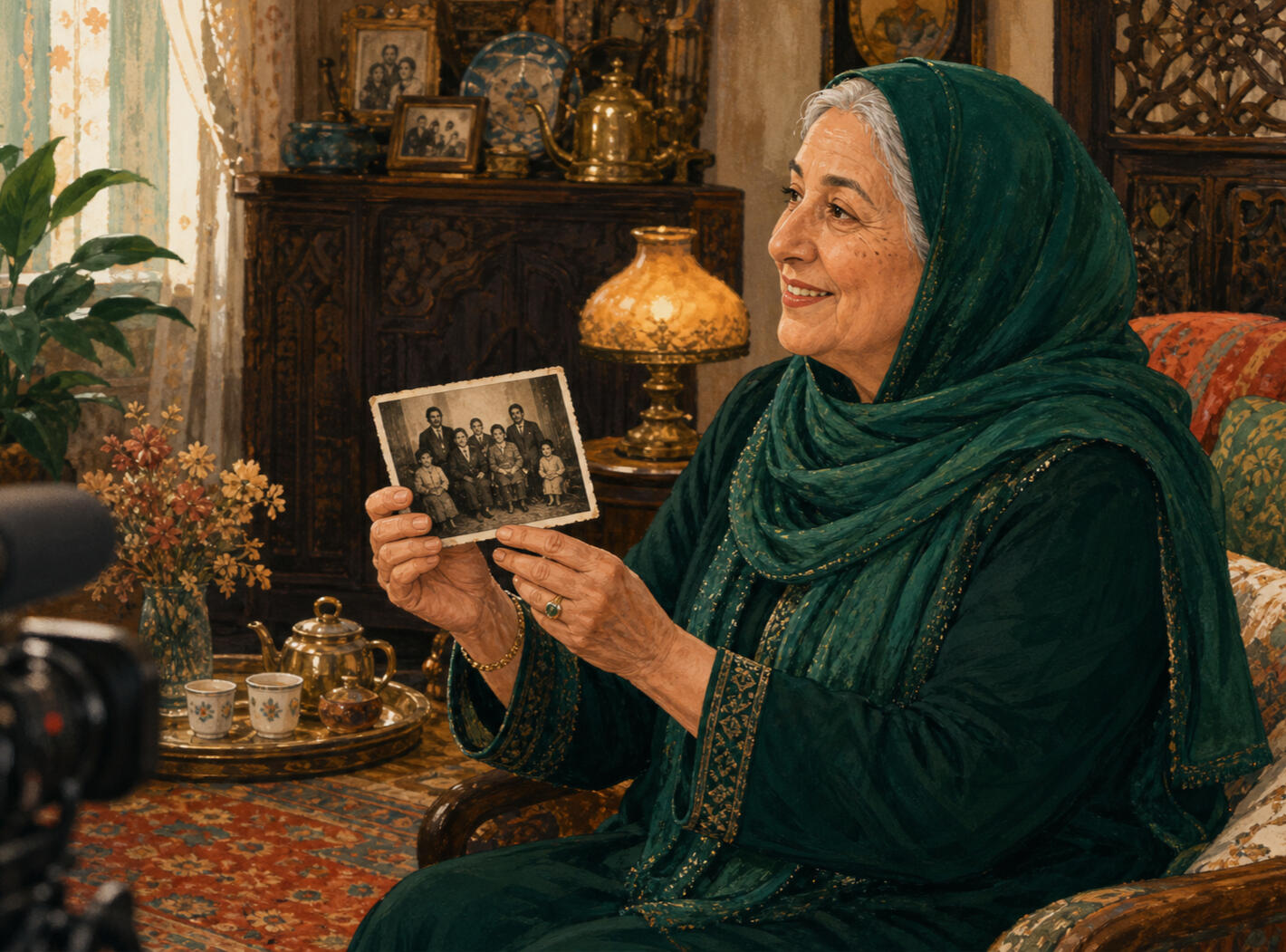 Her faith, in her own words An illustrated older Muslim woman in an emerald hijab sharing a treasured family photograph during a filmed interview in her vintage home