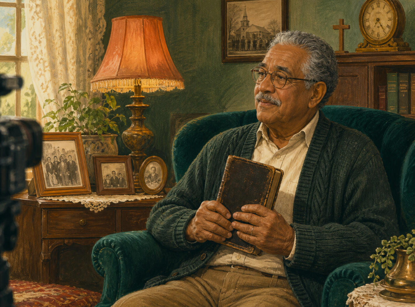 His faith, in his own words An illustrated older Christian man holding a worn family Bible during a filmed interview in his emerald vintage parlor